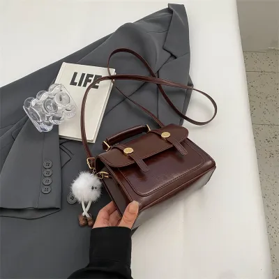 Women Retro Solid Color Pendant Small Square PU Crossbody Bag with Adjustable Strap