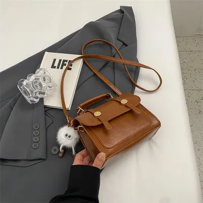 Women Retro Solid Color Pendant Small Square PU Crossbody Bag with Adjustable Strap