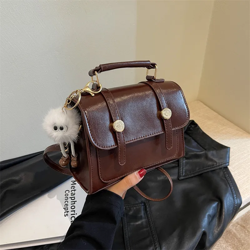 Women Retro Solid Color Pendant Small Square PU Crossbody Bag with Adjustable Strap