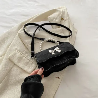 Women Fashion Elegant Solid Color Pearl Handheld Bowknot Buckle Crossbody Bag
