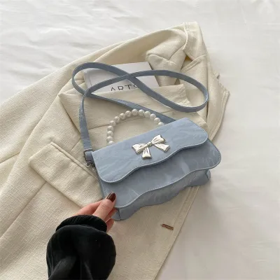 Women Fashion Elegant Solid Color Pearl Handheld Bowknot Buckle Crossbody Bag