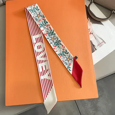 Women's Fashion Floral Printed Thin Long Silk Ribbon Bag Scarf