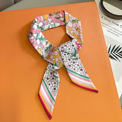 Women Fashion Elegant Floral Printed Long Ribbon Bag Scarf