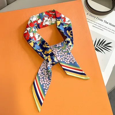 Women Fashion Elegant Floral Printed Long Ribbon Bag Scarf