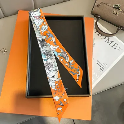 Women Fashion Printed Narrow Thin Long Ribbon Bag Scarf