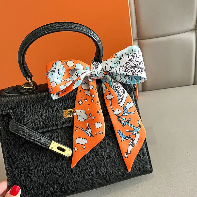 Women Fashion Printed Narrow Thin Long Ribbon Bag Scarf