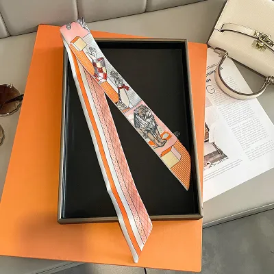 Women Fashion Printed Silk Long Ribbon Bag Scarf