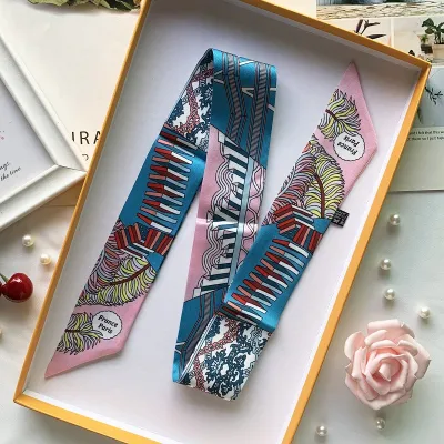 Women Fashion Printed Polyester Silk Ribbon Decorative Bag Scarf Long Scarf 90cm X 5cm