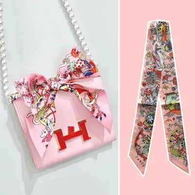 Women Fashion Printed Polyester Silk Ribbon Decorative Bag Scarf Long Scarf 90cm X 5cm
