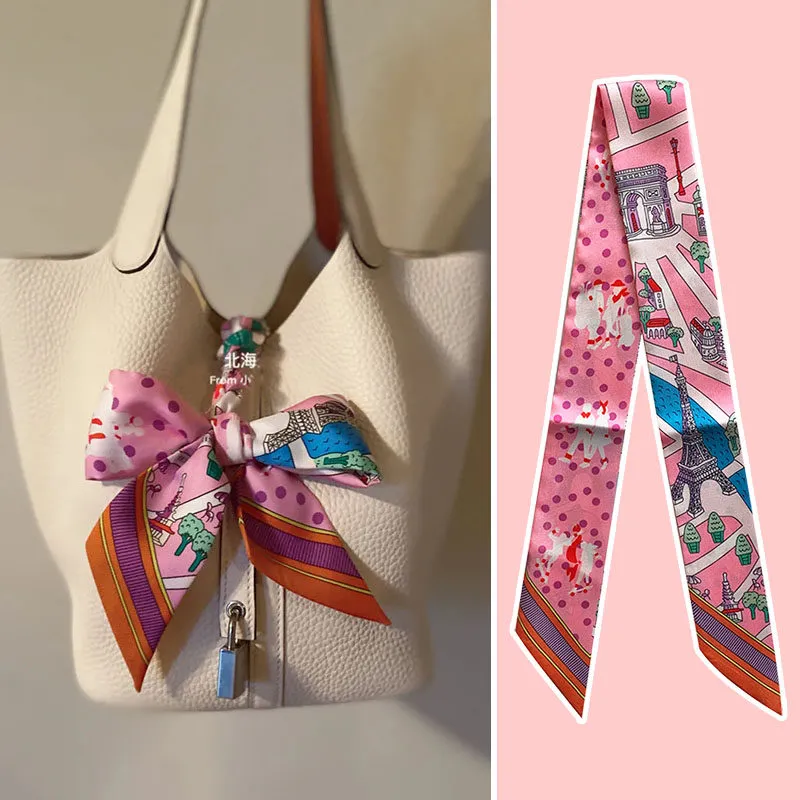 Women Fashion Printed Polyester Silk Ribbon Decorative Bag Scarf Long Scarf 90cm X 5cm