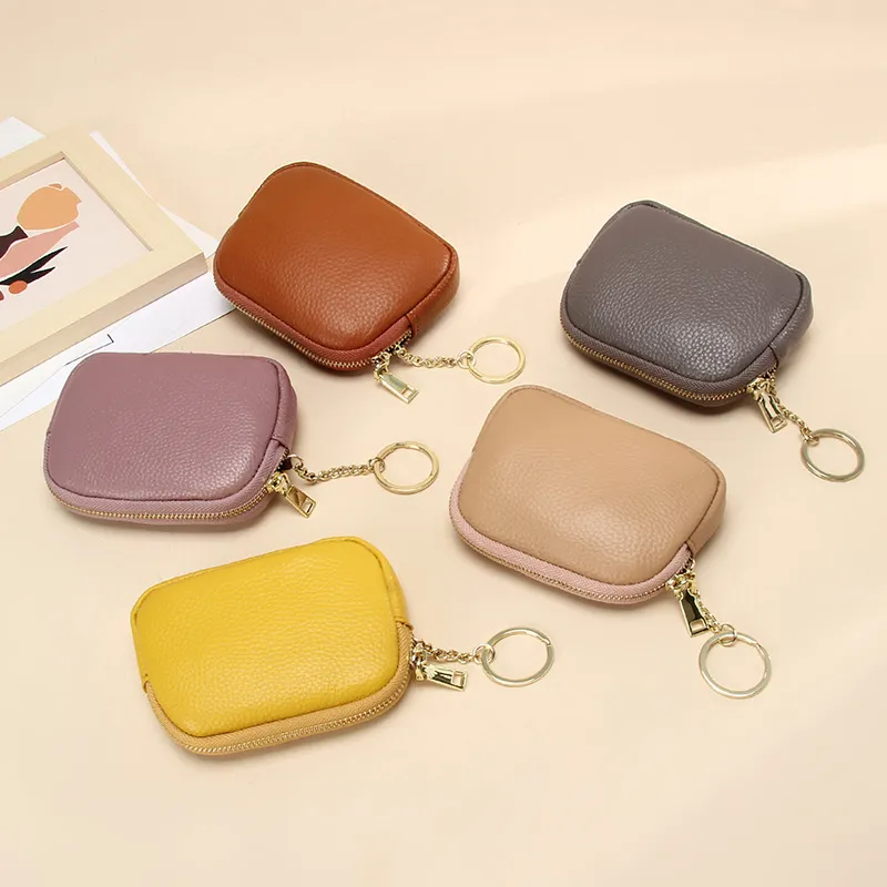 Women Fashion Solid Color Genuine Leather Zipper Small Wallet