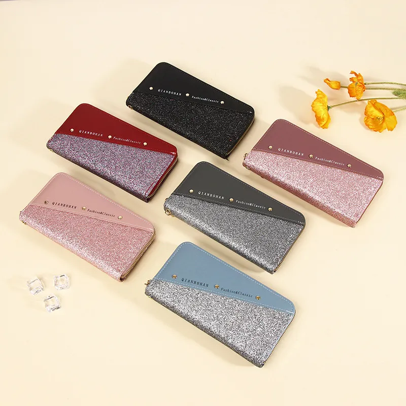 Women Color Contrast Zipper Large Capacity Long PU Wallet