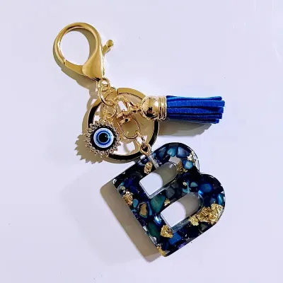 Women Fashion 26 Alphabet Resin Evil Eye Tassel Keychain Bag Pendant Jewelry