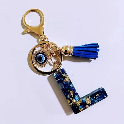 Women Fashion 26 Alphabet Resin Evil Eye Tassel Keychain Bag Pendant Jewelry