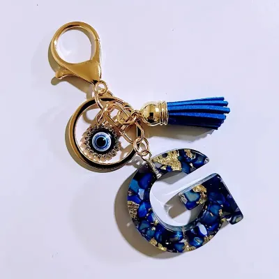 Women Fashion 26 Alphabet Resin Evil Eye Tassel Keychain Bag Pendant Jewelry