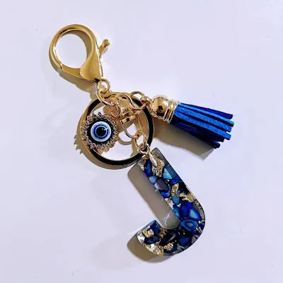 Women Fashion 26 Alphabet Resin Evil Eye Tassel Keychain Bag Pendant Jewelry
