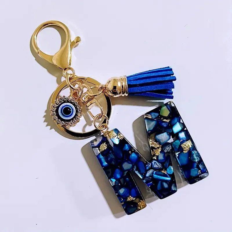 Women Fashion 26 Alphabet Resin Evil Eye Tassel Keychain Bag Pendant Jewelry