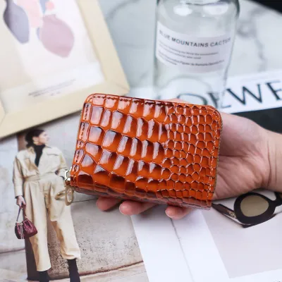 Women Fashion Solid Color Crocodile Pattern Double Zipper Short Multi-Card Wallets