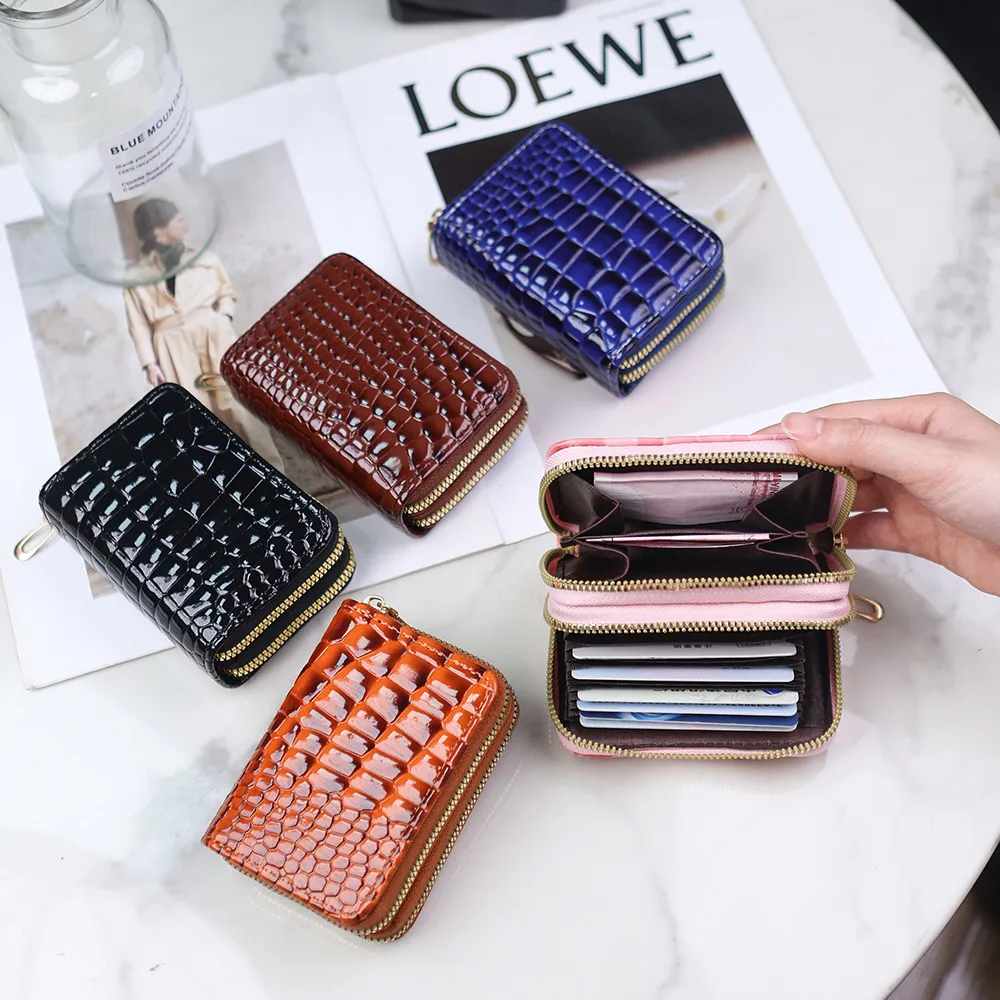 Women Fashion Solid Color Crocodile Pattern Double Zipper Short Multi-Card Wallets