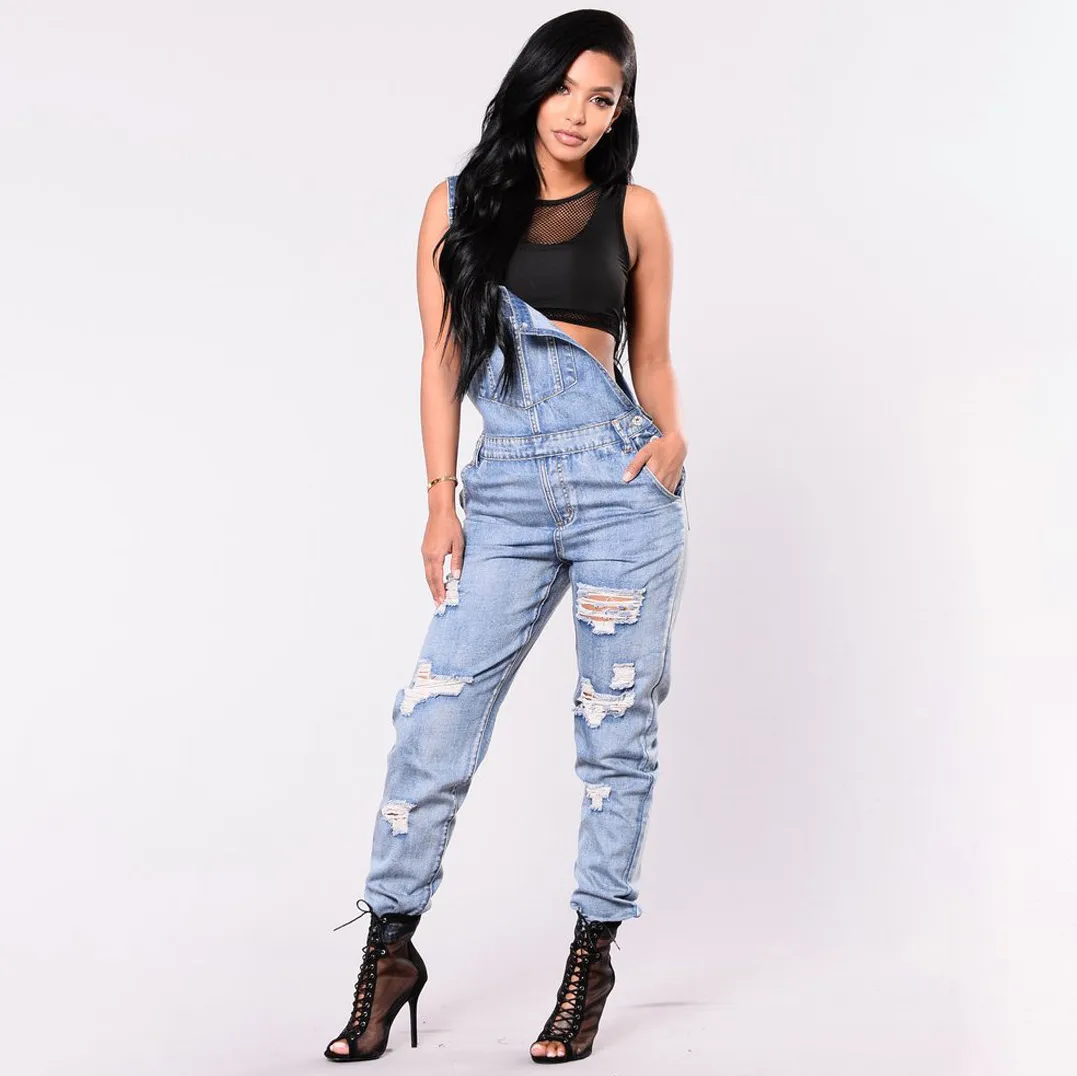 Women Fashion Sexy Ripped Stretch Denim Overalls