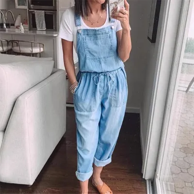 Women's Casual Drawstring Denim Overalls - Long Length