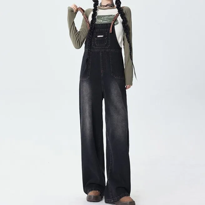Women Fashion Casual Loose Straight Wide-Leg Denim Overalls