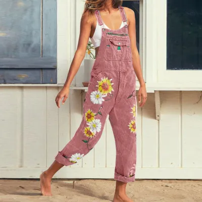 Women Casual Flower Printed Denim Overalls