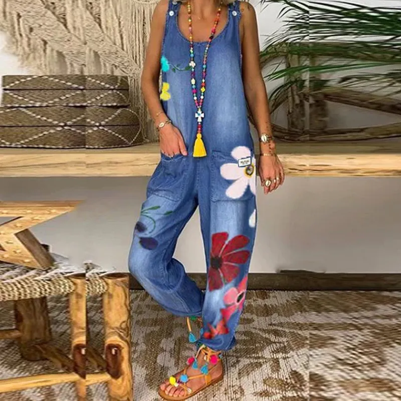 Women Casual Floral Print Loose Denim Jumpsuit Overalls