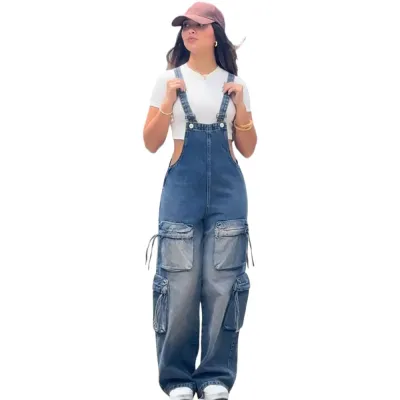 Women Casual Denim Overalls Multi-Pocket Straight High Waist Sleeveless