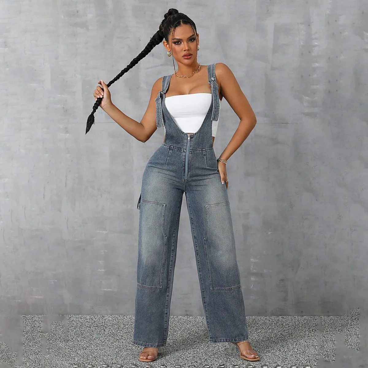 Women Fashion Sexy V-Neck Wide Leg Straight Denim Overalls