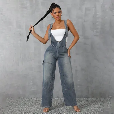 Women Fashion Sexy V-Neck Wide Leg Straight Denim Overalls