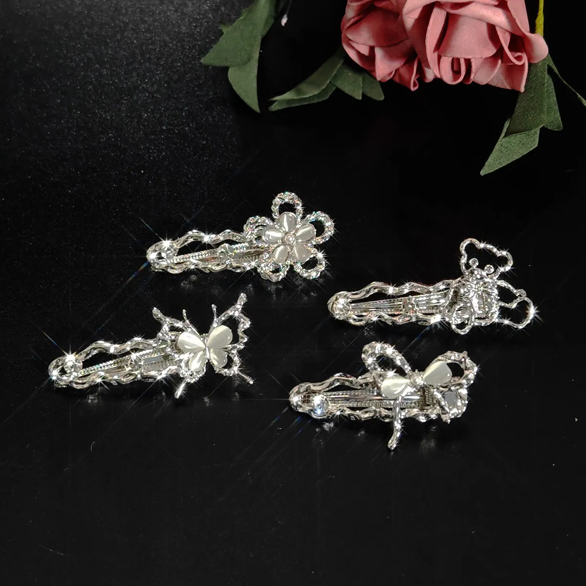 Women Elegant Alloy Cat's Eye Stone Butterfly Duckbill Clip
