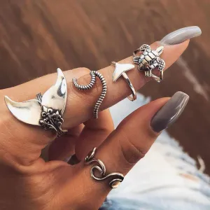 Women's Boho Geometric Turtle Fishtail Ring Set - 5 Pieces