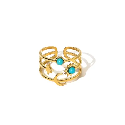 Women Fashion Vacuum Plated 18k Gold Turquoise Moon Star Opening Ring