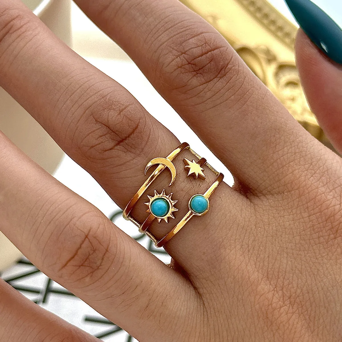 Women Fashion Vacuum Plated 18k Gold Turquoise Moon Star Opening Ring