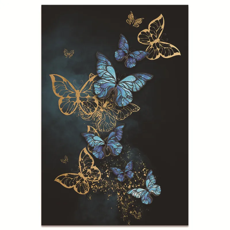 Nordic Gold Blue Butterfly Leaf Canvas Decorative Painting 50x70cm Home Art