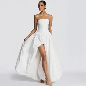 Women Sexy Elegant Solid Color Tube Top Split Lace-Up Long Party Dress