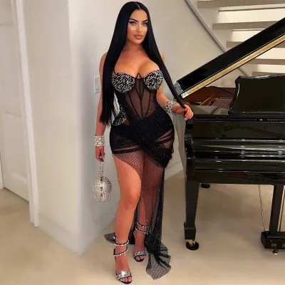 Women Sexy Irregular Mesh Perspective Party Dress