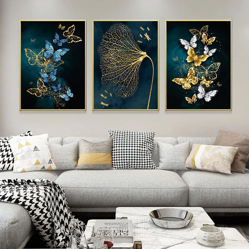 Nordic Gold Blue Butterfly Leaf Canvas 40x60cm Frameless Decorative Painting Art