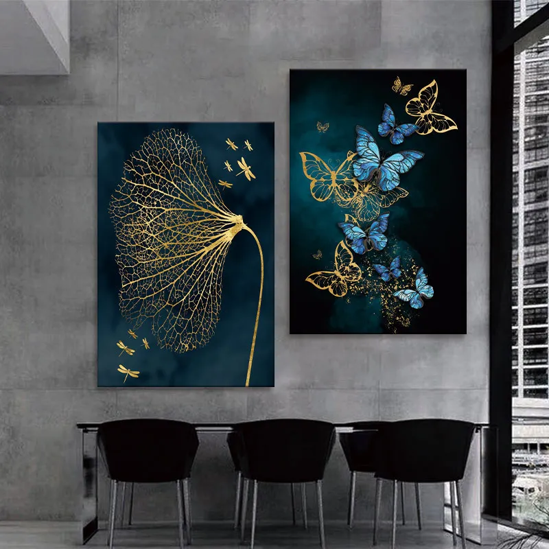 Nordic Gold Blue Butterfly Leaf Canvas 40*50cm Painting Art Decorative Painting
