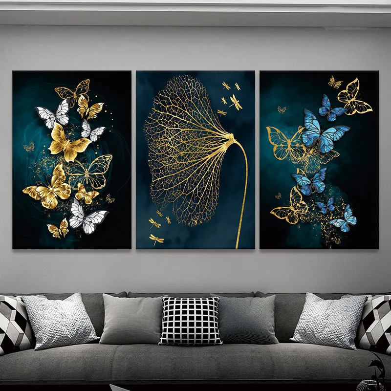 Nordic Gold Blue Butterfly Leaf Canvas 30*40cm Decorative Frameless Painting Art