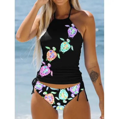 Women Fashion Printed Halter-Neck Backless Tankini Swimsuit