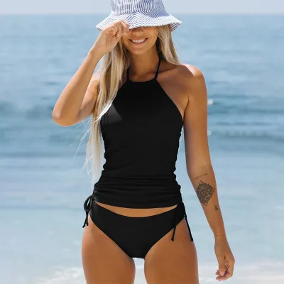 Women Fashion Sexy Solid Color Lace-Up Tankini Swimsuit