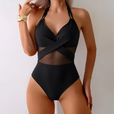 Women Fashion Sexy Solid Color Mesh One-Piece Swimsuit