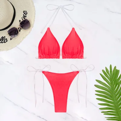 Women Fashion Simple Solid Color Lace-Up Micro Bikini Swimsuit