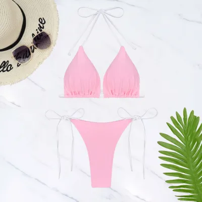 Women Fashion Simple Solid Color Lace-Up Micro Bikini Swimsuit