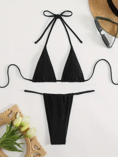 Women Fashion Sexy Solid Color Halter-Neck Lace-Up Micro Bikini Swimsuit
