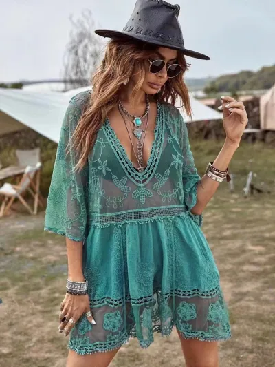 Women Fashion Sexy Solid Color Lace Hollow Swimwear Cover-Ups