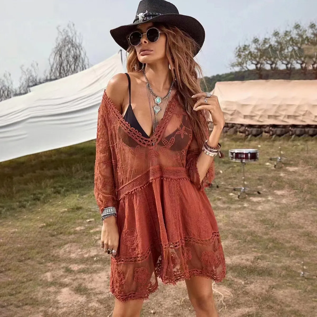 Women Fashion Sexy Solid Color Lace Hollow Swimwear Cover-Ups