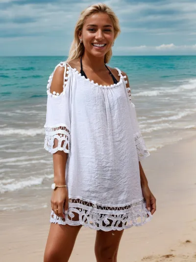 Women Fashion Sexy Solid Color Hollow Lace Loose Swimsuit Cover-Up